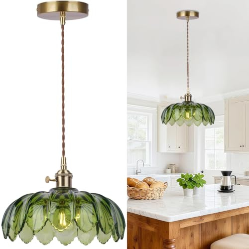 Hängelampe Grüne Glas Pendelleuchte Esstisch E27 Vintage Esstischlampe 26cm | Floral Esszimmerlampe Hängend Deckenlampe Messing Dekoration Höhenverstellbar Hängeleuchte für Küchen, Wohnzimmer, Esszimmer