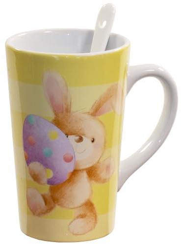 Design By Violet Happy Easter Cute Bunny Hot Chocolate Mug and Spoon Set – Ceramic Easter Mug for Chocolate, Tea, Coffee & Seasonal Gifting