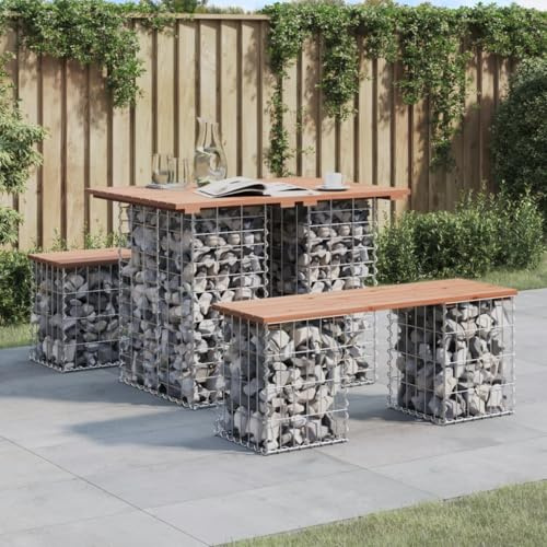 Keeushr Table de jardin en gabion 100 x 70 x 72 cm - Bois massif de Douglas avec base en acier stable et plateau de table en bois de douglas durable - Pour terrasse, jardin, extérieur - Compact