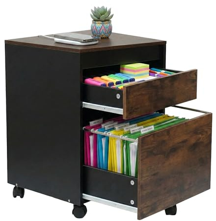 Relaxdays Rollcontainer, 2 Schubladen, Hängeregister, HBT: 57 x 40 x 40 cm, Schreibtischcontainer, Rollen, braun/schwarz