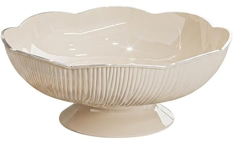 Pedestal Fruit Bowl with Drainage Holes, Large Decorative Bowl for Kitchen Counter, Cream White Floral Design Fruit Bowls White, Pedestal, Large Decorative