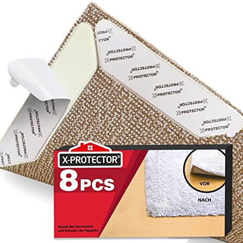 X-Protector - Inserti Antiscivolo per tappeti, 8 Pezzi, Anti arricciamento Mantiene Fermi i Tappeti e Gli Angoli Piatti. Tappetino Antiscivolo per Moquette con Nastro rinnovabile