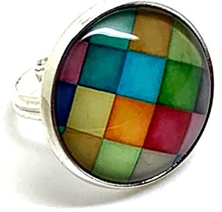 Verstellbarer Damen-Fantasie-Ring aus Edelstahl, illustriert, mit Glascabochon, Vintage, Retro, Original, Schmuckset „Der Harlekin“, Muster, Rauten, geometrische Formen, bunt (Ref.5a)