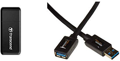 Transcend USB 3.0 / 3.1 Gen 1 Multifunktionskartenleser TS-RDF5K, schwarz & Amazon Basics USB 3.0-Verlängerungskabel A-Stecker auf A-Buchse, 2 m