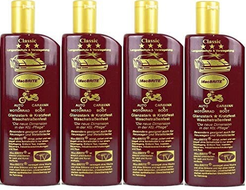 4x MacBRITE je 500ml + 1x BILDMAGNET! Langzeitschutz & Versiegelung Hochglanz Autopolitur für Lacke Chrom Felgen, Politur Lackreiniger Mac Brite Classic Auto Polierpaste, ähnlich Keramikversiegelung