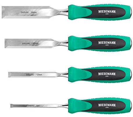 Set di 4 scalpelli da legno in acciaio Q50 inossidabile 8, 12, 20, 26 mm con pratica valigetta WIESEMANN 1893 I serie ENSURE I 81291