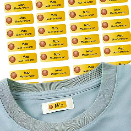 Sunnywall® 37 Selbstklebende Namensschilder & Namensaufkleber für Kleidung & Gegenstände - waschmaschinengeeignet | Ideal für Kinder, Schule und Kita (3,8x1,4 cm) (Basketball 39)