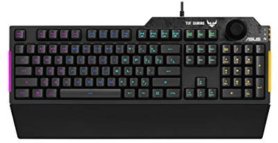 Asus TUF Gaming K1 Tastiera Gaming USB, Membrana, RGB a 5 Zone, Rollover a 19 Tasti, Manopola Volume, Resistente ai Liquidi, Barra Luminosa Laterale, Macro Programmabili, Layout Italia, Nero