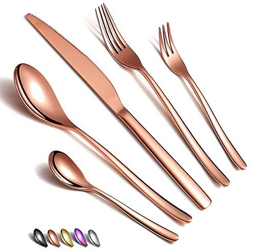 Juego de cubiertos de oro rosa de 30 piezas, juego de cubiertos de cobre de acero inoxidable, juego de cubiertos de oro rosa chapado en titanio, juego de utensilios de servicio para 6(cobre brillante)
