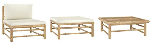 vidaXL Salon de Jardin 3 pcs avec Coussins Mobilier de Patio Meubles de Terrasse Mobilier de Jardin Meubles d'Extérieur Blanc Crème Bambou