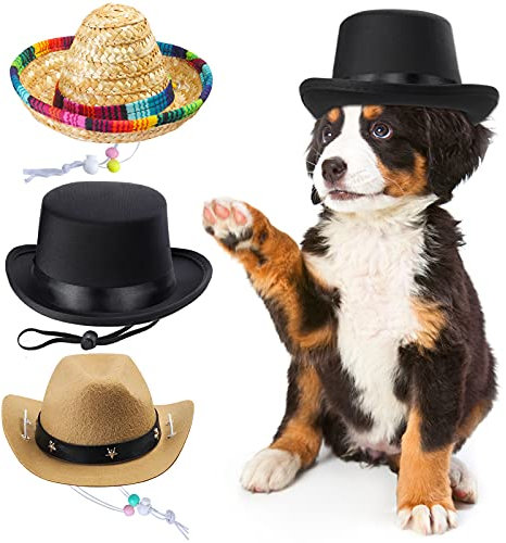 Yewong 3 Stück Haustierhut, formeller Zylinderhut, Mexiko, Sombrero-Hut, Cowboyhut, Hund, Katze, Haustierkostüm, Hut für Halloween, Party, Foto-Requisiten, Zubehör, Einheitsgröße
