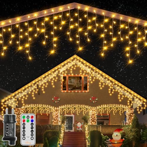 Ollny Eisregen Lichterkette Außen 10m, 396 LED Lichterkette außen Strom mit Fernbedienung, wasserdicht Weihnachtsbeleuchtung außen mit Timer 8 Modi für Balkon Weihnachten Haus Carport(warmweiß)