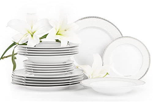 konsimo Geschirr Set Kombi 6 Personen – AGAWA PLATIN Teller Set Modern 18 Teilig – Tafelservice - Service & Geschirrsets - Kombiservice 6 Personen - Service Set für Familie - Geschirr Bunt Essgeschirr