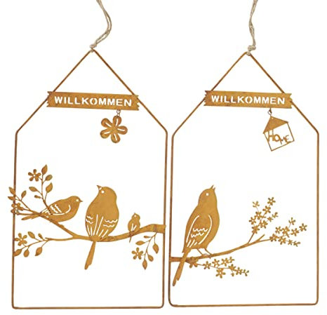 2er Set Rost Hänger Willkommen Vögelchen 2 Stück Edelrost Metall Haus Gartendeko Geschenkset 39x23cm braun rost Rostdeko Metallvögel