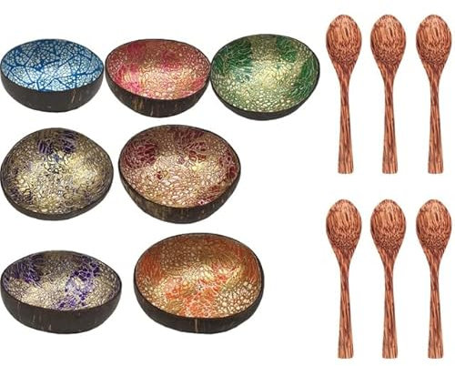 LIUXIN Cuchara de Cuenco de Coco Natural de Color, Juego Creativo de cáscara de Coco, Fruta, Sala, Fideos, arroz, Cuenco de Madera, vajilla, Restaurante, Cocina