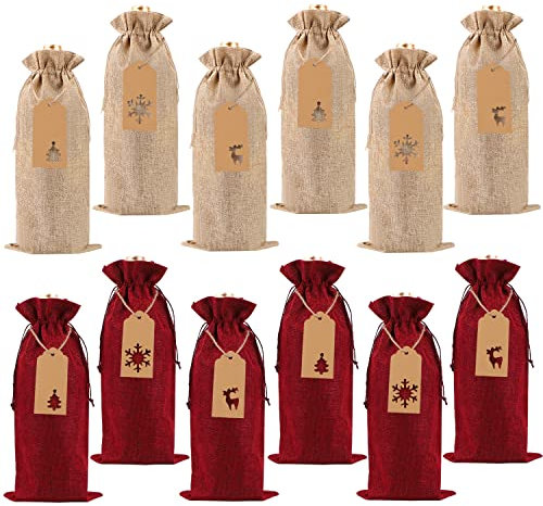 DIYDEC 12pcs Burlap Wine Bags, Christmas Burlap Jute Wine Bottle Covers Bags with Drawstring Reusable Wines Bottle Bag with Ropes and Tags for Xmas Wedding Party
