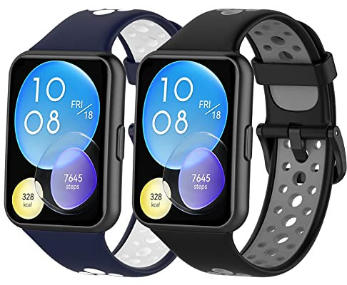 SenMore 2 Pièces Bracelets pour Huawei Watch Fit 2 & Huawei Watch Fit 2 Active & Huawei Watch Fit 2 Élégant, Sport Bracelets de Rechange en Silicone, Bracelet de Rechange pour Homme Femme