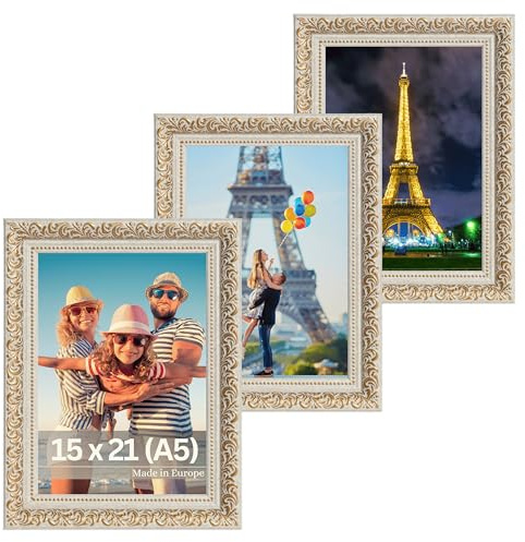 VictoR vintage Bilderrahmen „Rubens“ 3er Set in 15x21 cm (A5) gold beige | Leiste: 30x20mm - Echtglas - Fotorahmen barock - antik - Bilderrahmen 15x21 gold - Fotorahmen A5 vintage