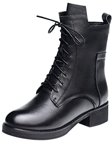 Yowablo Mode Herbst Winter Damen Stiefeletten Niedriger Absatz Runde Zehe Lace Up Seitlicher Reißverschluss Einfarbig Schwarz Lässiger Stil Kinder Mädchen 27