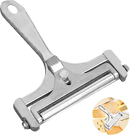 VOSSOT KäSehobel Couteau à fromage avec rouleau et fil de coupe, épaisseur de coupe variable, en acier inoxydable, pour fromage en bloc et beurre, coupe roulée, argenté