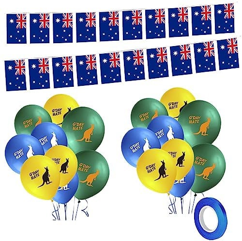Jc.upin 5M Australian Flag Bunting Banner by 20 Pcs Small Flags, 18Pcs Kangaroo Balloons Australia Day and Silvery Grey Ribbons for Party Decorations, Baby Shower Birthday