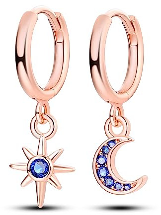 NARMO Pendentif boucles d'oreilles 925 Sterling Silver Rose Gold Star month boucles d'oreilles en zircone cubique bleu