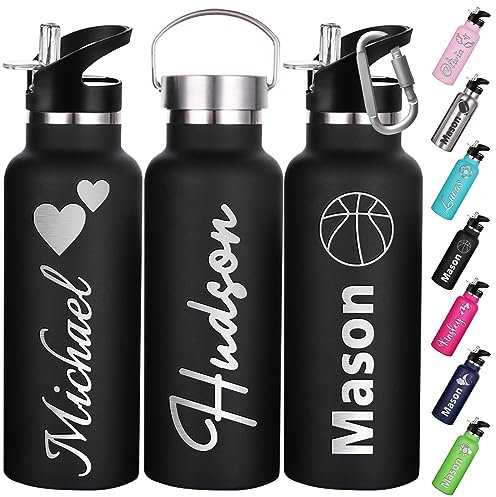 Personalised Water Bottles Custom with Straw Lid 350/750ml Engraved Name Logo Insulated Bottle Customised Double Wall Stainless Steel Water Bottles Gift for School Sports Office Outdoors