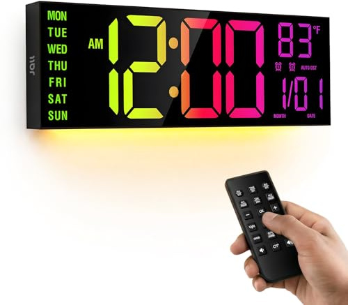 JALL 16.15 inch Large Digital Wall Clock, RGB Lights with Remote Control, Dual Alarms with Big LED Display, Auto DST, C° / F° Temperature for Classroom, Birthday Gift, Senior