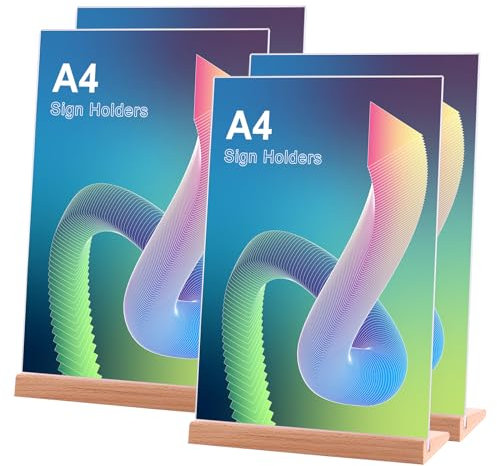 Srvnpioy Lot de 4 Présentoir de Table A4 en Bois, Forme en L, Support de Menu A4 Plexi pour Tables, Support A4 en Plexiglass, Presentoir Flyers A4 en Acrylique, pour Restaurant, Hôtel, école, Bureau