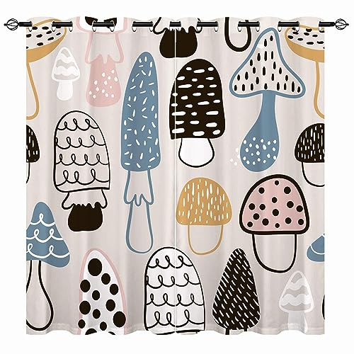 YUANZU Kinder Pilz Vorhänge Jungen Mädchen Childish Ösen Gardinen mit Blickdichte Vorhang Kälteschutz Blackout Curtain Kinderzimmer Schlafzimmer Verdunkelung Fenster, 2 Stück, H 137 x B 132 cm