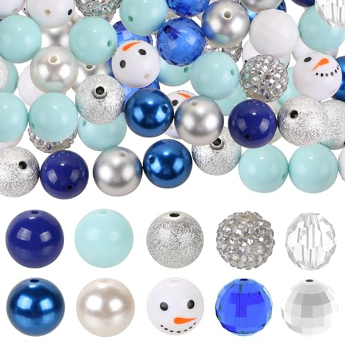 50Pcs Christmas Snowman Beads 20mm Bubblegum Beads Colorful Large Rhinestone Loose Beads with Fittings for Halloween Garland Breast Bracelet Pendant Necklace Jewelry Pen Bag Chain Making