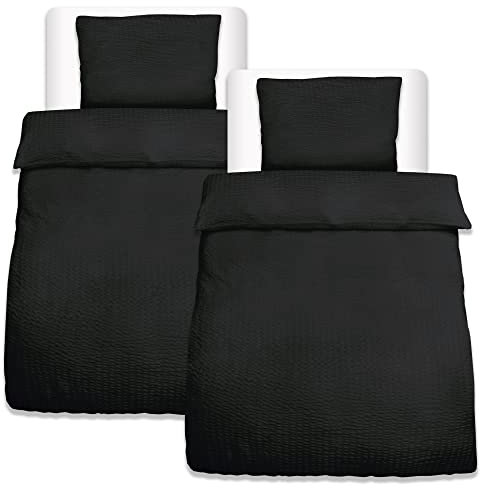 Beautissu 4tlg Seersucker Bettwäsche 155x220 cm Sommer & Kopfkissen Bezug 80x80 cm – Bügelfrei Bettwäsche-Sets Bettbezug Sommerbettwäsche 155x220 – Hautfreundlich Bettwaren Bettwäsche Schwarz Meline