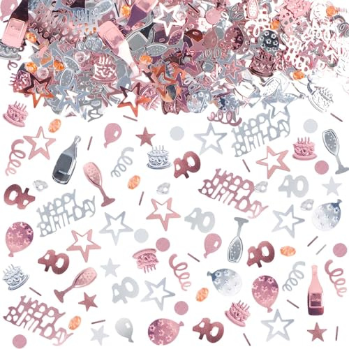 RUNEAY Konfetti 40 Geburtstag 1000 Stück, HAPPY BIRTHDAY & 40 Buchstaben, Silber & Rosa Glitzer, Kunststoff, Metallic, Glitzer, Rosa, Silber, Geburtstagskonfetti