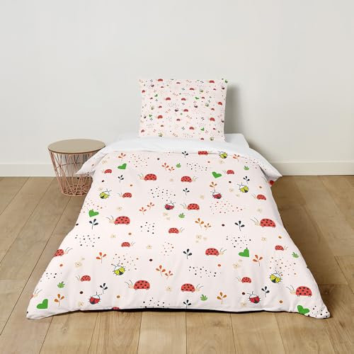 Hiseng Bettwäsche-Sets Kinder Bettwäsche Set mit Kissenbezug, Kuschel Bettwäsche mit Reißverschluss, 3D Marienkäfer Bettbezug für Mädchen und Jungen (100x135cm,Rosa Marienkäfer)