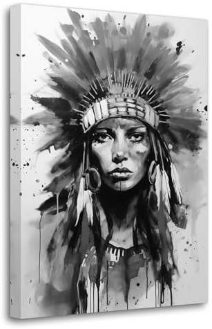 LZIMU Indianer Leinwandbilder indische Frau Kopfschmuck gefiedertes Bild Indianerhäuptling Stammesgemälde Drucke schwarz weiß Südwest Wanddekoration(Bild-3, (30.00 x 45.00 cms))