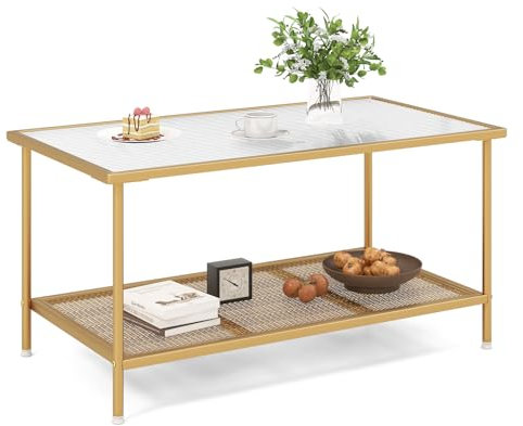 GOPLUS Mesa de Centro de Cristal, 2 Niveles, Con Tapa en Forma de Onda, Estructura de Metal, Para Salón y Oficina, 90 × 50 ×
