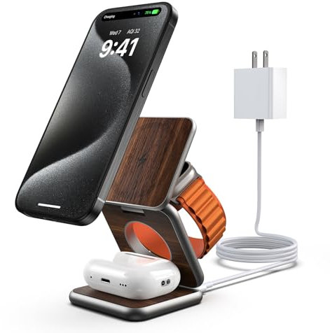 KU XIU X40 Magnetic Wireless Charger, 3 in 1 Wireless Charging Station for Apple Devices, Foldable Portable 15W Fast Charging Stand for iPhone 16 15 14 13 12 Pro Max, Apple Watch, AirPods - Wood Grain