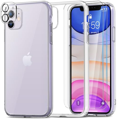 Mootobo für iPhone 11 Hülle, 4 in 1 Handyhülle für iPhone 11 case mit 2 Schutzfolie + Kameraschutz, Stoßfest Militärstandard Schutzhülle Cover Mattierte Durchscheinende Rückseite 6.1''-Transparent