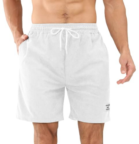 Aomig Herren Corduroy Shorts, Sommer Casual Weiß Kurze Hose, Kurze Sporthose Herren, Elastische Taille Jogginghose Kurz Laufhose mit Taschen, Casual Leichte Luftige Shorts(M)