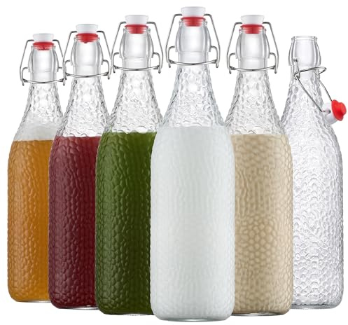 Danmu Art Swing Top Glass Bottles 1L 6 Pack - Leak Proof for Kombucha, Water Storage, Home Brew Cider & Fermenting Kefir - Airtight Flip Lids for Home Brewing, Oil, Vinegar, Beer, Wine, Soda