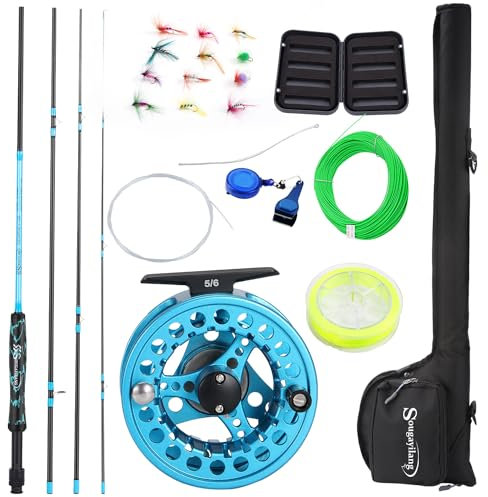 Sougayilang Standard Fly Fishing Combo Kit de démarrage pour canne à pêche 5/6 Poids 22,9 cm avec poignée SuperPolymer Accessoires Sac de transport Étui pour pêche à la mouche Bleu