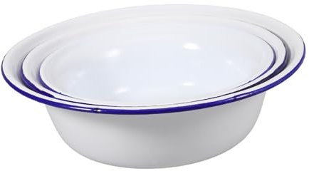 UTHCLO Vintage Enamel Bowl Set 3pcs White 14cm 16cm 18cm Household Soup Basin Kitchen Mixing Bowls Retro Enamelware for Bathroom and Food Storage