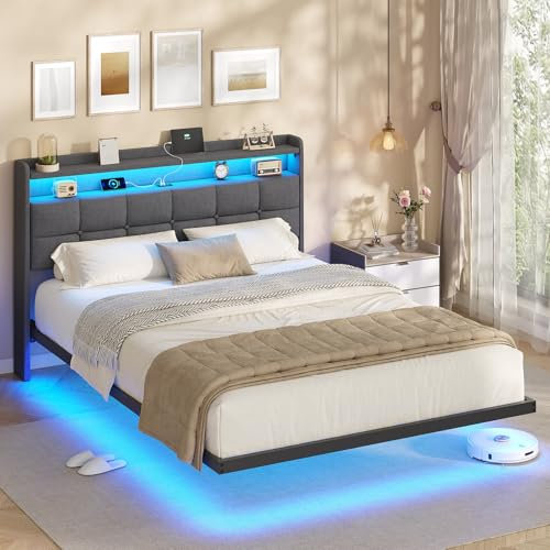 AOGLLATI Lit Flottant,140×200 CM, Cadre de Lit avec Éclairage LED, Multiprise, Tête de lit avec Rangement,Tissu en Lin, Structure Stable, Pas de Bruit, Pas Besoin de Sommier, Gris Fonc
