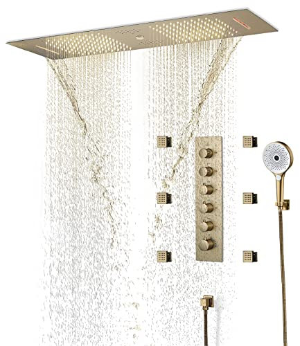 XCHSXYL Musikdusche, 64 Farben Duschhahn-Set Thermostatisches Regenduschen-Kombi-Set Wandmontiertes Wannen- und Duschverkleidungsset mit Handbrause, 35,4 × 11,8 Zoll Regenduschkopf, 6 * Körperdüsen,