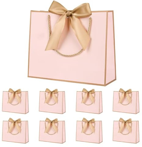 Geschenktüte mit Schleife,Geschenktüte Weiß,Geschenktaschen für Geburtstag, Hochzeit, Festivalfeier, Weihnachten,32 x 25 x 10cm, (Weiß, 8 Stück) (Pink-gold border)