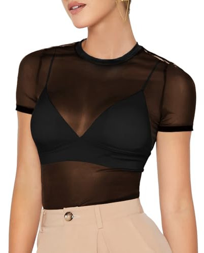 Womens Short Sleeve Sheer Mesh Tops Women's Mesh Crop Tops Sexy See Through Tee Blouse Women's Sexy Lace Top Round Neck See Through T-Shirt for Women Club Party (UK, Alpha, S, Regular, Regular, Black)