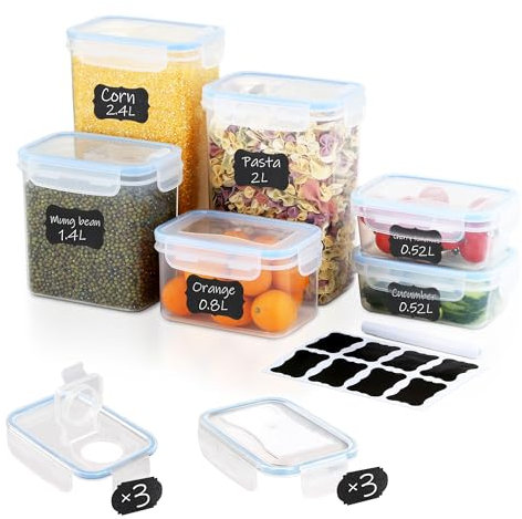 Ordeluxe Set 6 Contenitori per Dispensa - 3 Formati + 3 Mini, Coperchi Universali, 8 Etichette, Ideali per Pasta/Muesli - Senza BPA