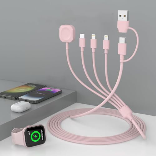 4-in-2 Travel Multi Charger Cable, 6FT/1.8M USB A/C Charging Cable with iWatch Charger+IP*2+Type C Port for Apple Watch Series 9/8/Ultra/7/6/5/SE/iPhone 16/15/14/13/12 Pro/Samsung/iPad, Pink