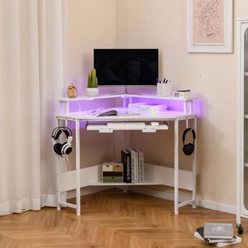 COSTWAY Bureau d'angle avec Station de Charge, Bureau Gaming avec LED, Plateau pour Clavier et Support pour Écran, Crochets et Étagère pour Petits Espaces (Blanc)