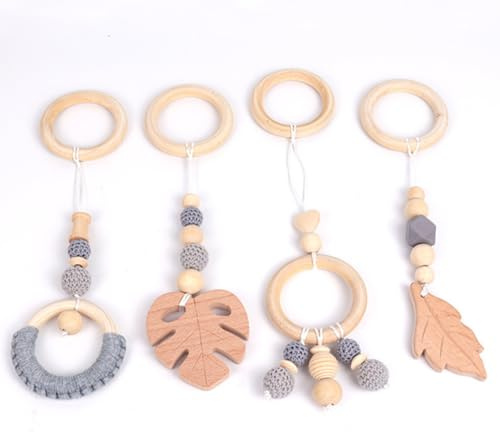 Xiyocadt 4 Stück Spielbogen Baby Spielzeug ab 0 Monate,Anhänger Spielbogen, Anhänger für Spielbogen,Baby Gym Anhänger, Spielbogen Anhänger Holz für Mädchen Jungen, Grau (28cm,Grau)